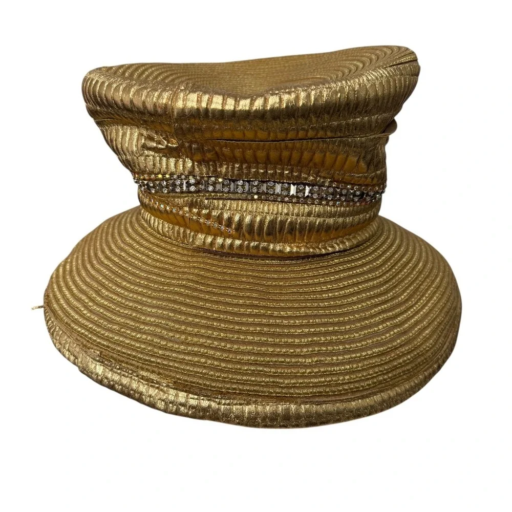 Shellie McDowell NY Gold Metallic Wide Brim Hat Lawrence Vrba Crystal Brooch